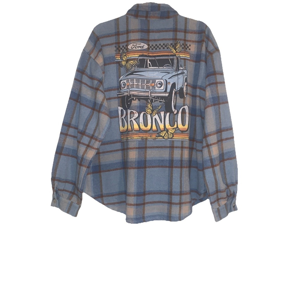 Ford Bronco Button Shirt‎ Womens XXL 2XL Blue Plaid Flannel Wool Blend Casual